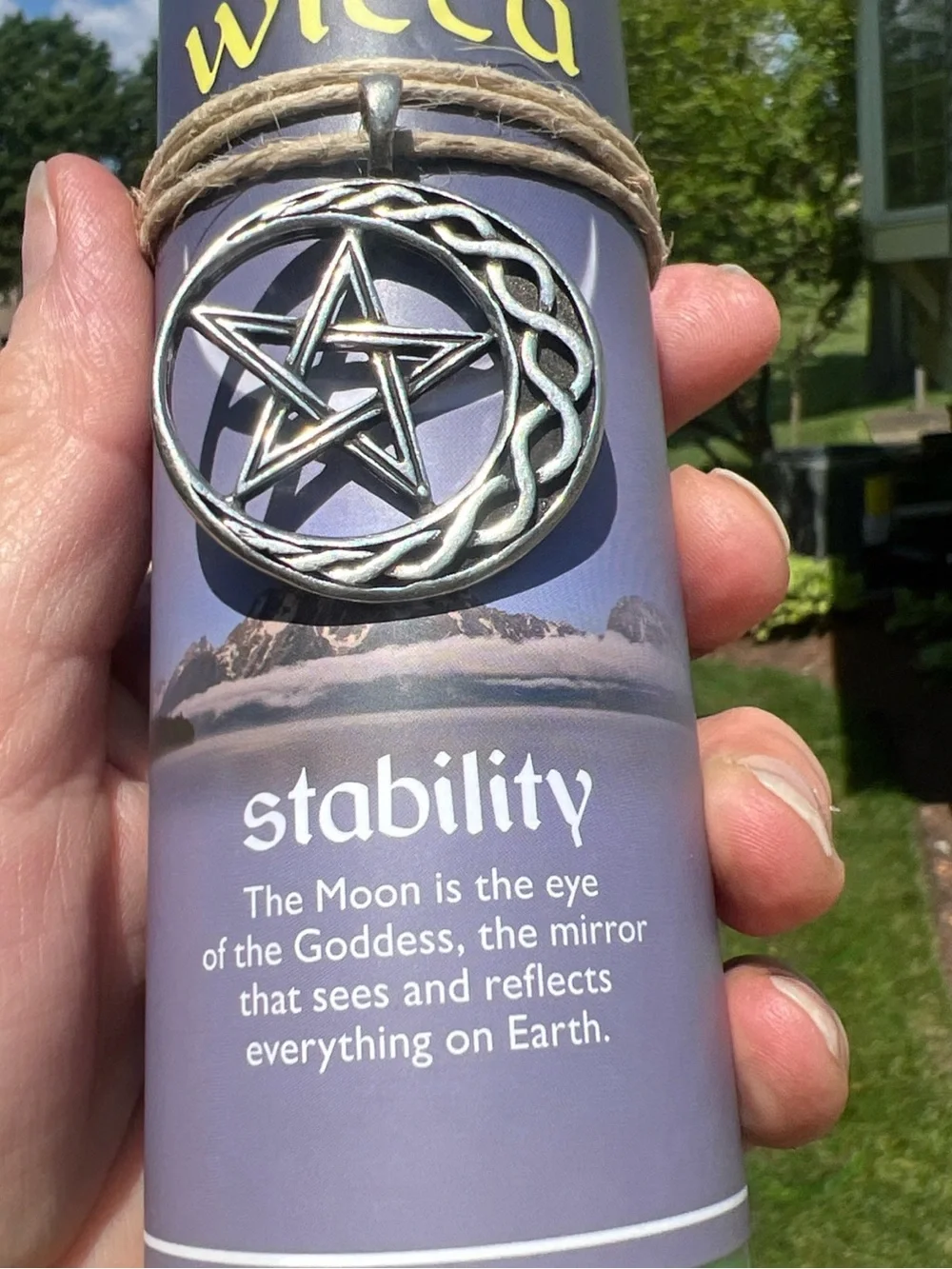 Wicca Stability Green Ritual Pillar Candle with Pentacle Charm